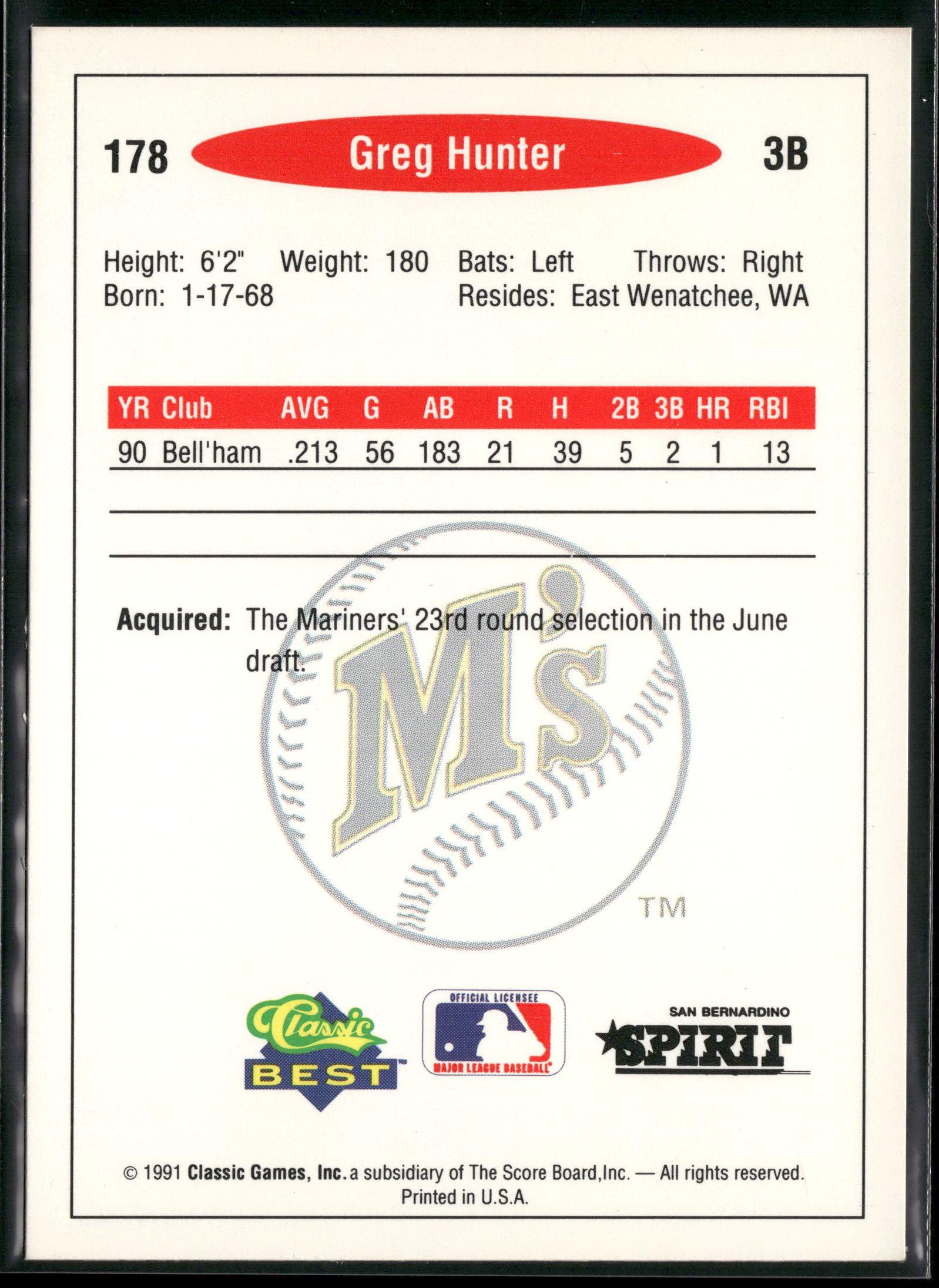1991 Classic Best #178 Greg Hunter